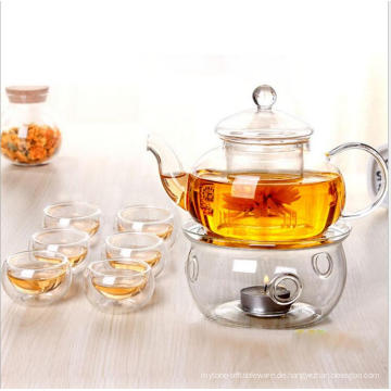 Teekannenset aus Glas mit Stövchen und Tassen